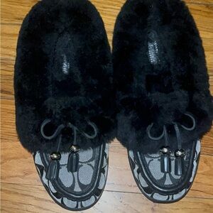 Coach Fiona Black Faux Fur Tassel Slip-On Moccasin Slippers